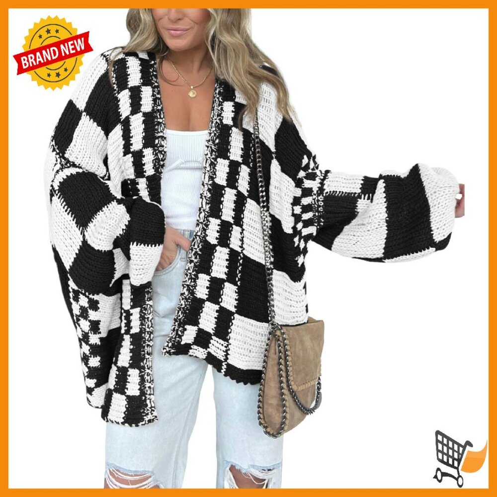Chunky Knit Cardigan Open Front Checkered Pattern Long Sleeve Sweater